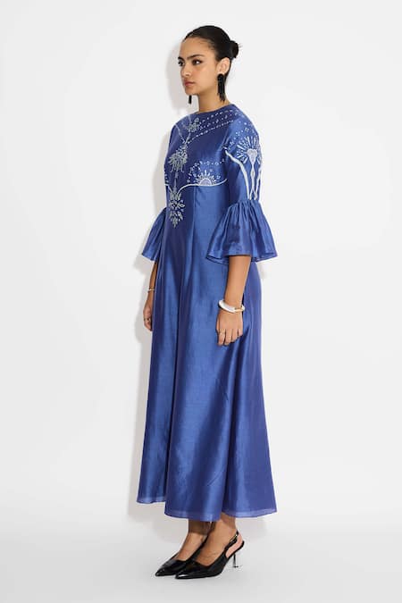 SHASHA GABA_Blue Polyester, Chanderi Embroidery Round Neck Indigo Peplum Sleeve Maxi Dress _Online_at_Aza_Fashions