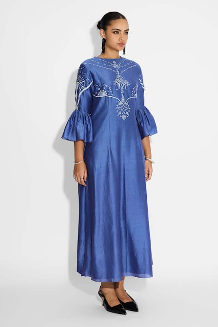 Buy_SHASHA GABA_Blue Polyester, Chanderi Embroidery Round Neck Indigo Peplum Sleeve Maxi Dress _Online_at_Aza_Fashions