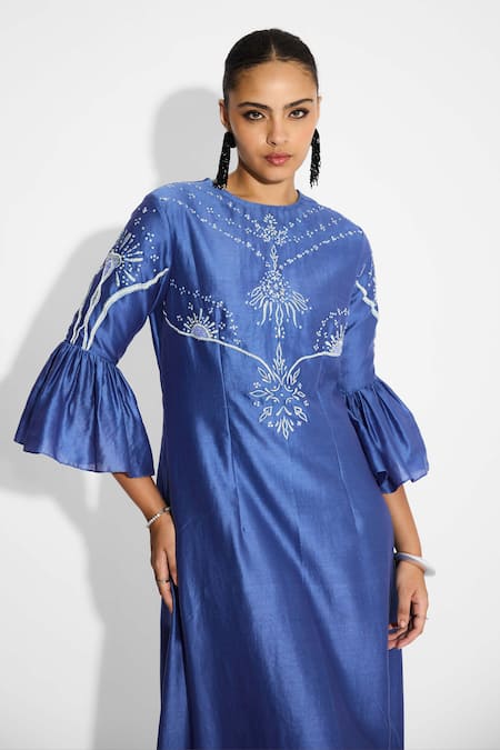 Shop_SHASHA GABA_Blue Polyester, Chanderi Embroidery Round Neck Indigo Peplum Sleeve Maxi Dress _Online_at_Aza_Fashions
