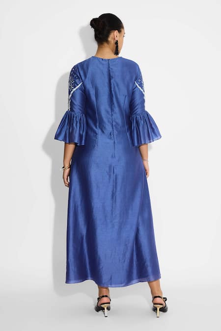 SHASHA GABA Indigo Peplum Sleeve Maxi Dress 
