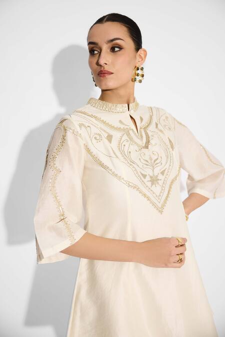 SHASHA GABA_Ivory Chanderi, Polyester Pearls, Embroidery Mandarin Embellished Short Kurta _at_Aza_Fashions