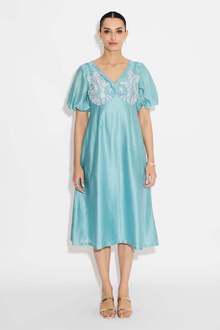 SHASHA GABA_Aqua Polyester, Chanderi Applique V-neck Midi Dress _Online_at_Aza_Fashions