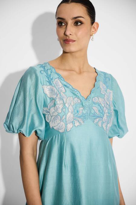 Buy_SHASHA GABA_Aqua Polyester, Chanderi Applique V-neck Midi Dress _Online_at_Aza_Fashions