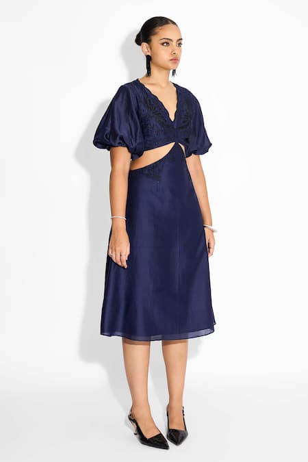 SHASHA GABA_Navy Polyester, Chanderi Embroidery V-neck Embellished Cut-out Midi Dress _Online_at_Aza_Fashions