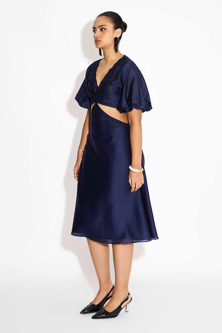 Buy_SHASHA GABA_Navy Polyester, Chanderi Embroidery V-neck Embellished Cut-out Midi Dress _Online_at_Aza_Fashions