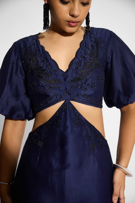 Shop_SHASHA GABA_Navy Polyester, Chanderi Embroidery V-neck Embellished Cut-out Midi Dress _Online_at_Aza_Fashions