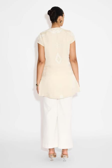 Shop_SHASHA GABA_Ivory Satin, Tissue Embroidery Round Neck On Embellished Kurta _at_Aza_Fashions