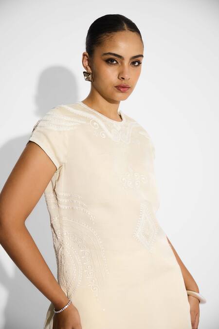 Shop_SHASHA GABA_Ivory Satin, Tissue Embroidery Round Neck On Embellished Kurta _Online_at_Aza_Fashions