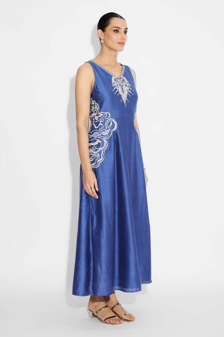 SHASHA GABA_Blue Polyester, Chanderi Embroidery V-neck Embellished Indigo Flare Dress _Online_at_Aza_Fashions