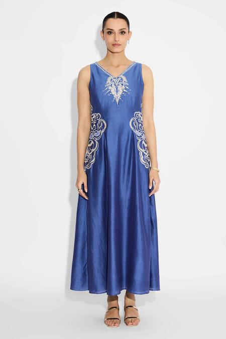 Buy_SHASHA GABA_Blue Polyester, Chanderi Embroidery V-neck Embellished Indigo Flare Dress _Online_at_Aza_Fashions