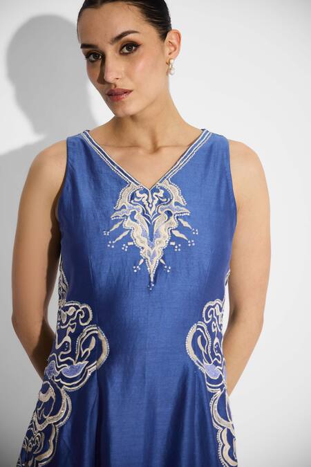 Shop_SHASHA GABA_Blue Polyester, Chanderi Embroidery V-neck Embellished Indigo Flare Dress _Online_at_Aza_Fashions