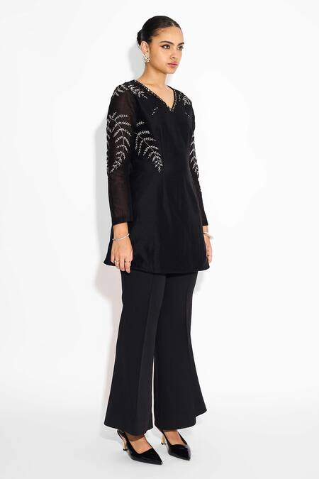 Buy_SHASHA GABA_Black Polyester, Chanderi Embroidery V-neck Embellished Short Kurta _Online_at_Aza_Fashions