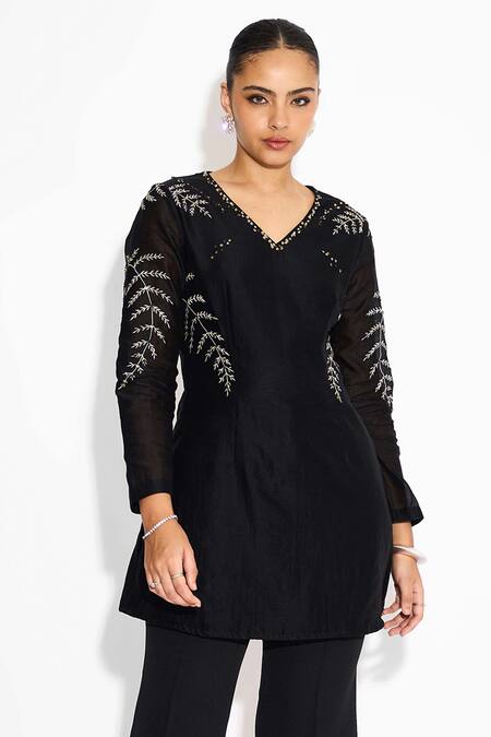 Shop_SHASHA GABA_Black Polyester, Chanderi Embroidery V-neck Embellished Short Kurta _Online_at_Aza_Fashions