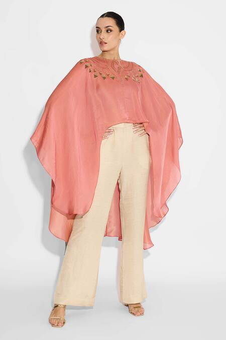 SHASHA GABA_Peach Cape With Hand Embellishment _Online_at_Aza_Fashions