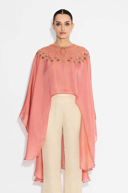 Shop_SHASHA GABA_Peach Cape With Hand Embellishment _Online_at_Aza_Fashions