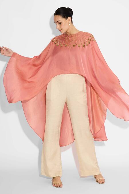 SHASHA GABA_Peach Cape With Hand Embellishment _at_Aza_Fashions