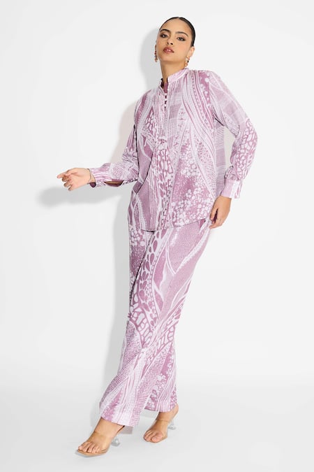 SHASHA GABA Purple Sequins Collared Amorphous Print Pintuck Shirt Online at Aza Fashions SHASHA GABA_Purple Sequins Collared Amorphous Print Pintuck Shirt _Online_at_Aza_Fashions