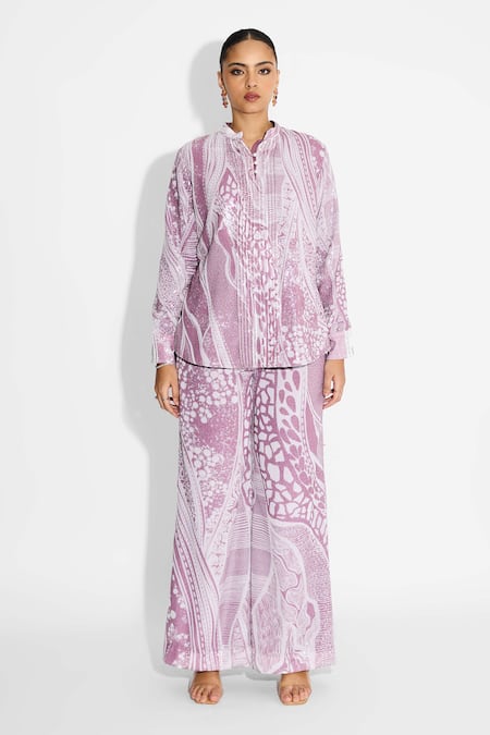 Buy SHASHA GABA Purple Sequins Collared Amorphous Print Pintuck Shirt Online at Aza Fashions Buy_SHASHA GABA_Purple Sequins Collared Amorphous Print Pintuck Shirt _Online_at_Aza_Fashions