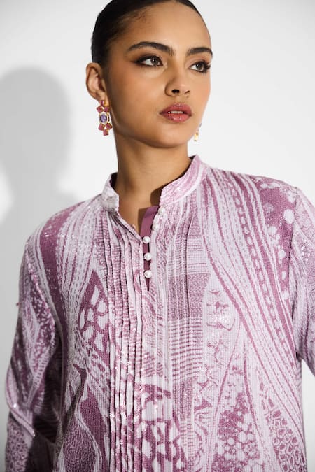 Shop SHASHA GABA Purple Sequins Collared Amorphous Print Pintuck Shirt Online at Aza Fashions Shop_SHASHA GABA_Purple Sequins Collared Amorphous Print Pintuck Shirt _Online_at_Aza_Fashions