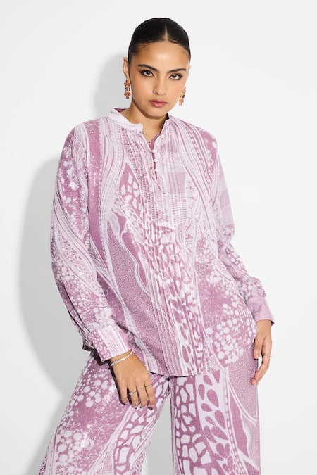 SHASHA GABA Purple Amorphous Print Pintuck Shirt 