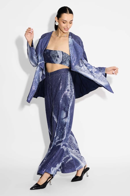 SHASHA GABA Blue Amorphous Print Sequin Flared Pant 