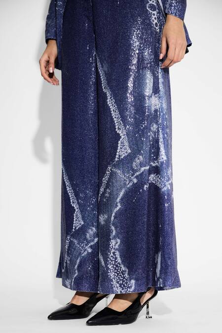 SHASHA GABA_Blue Sequins Amorphous Print Flared Pant _Online_at_Aza_Fashions
