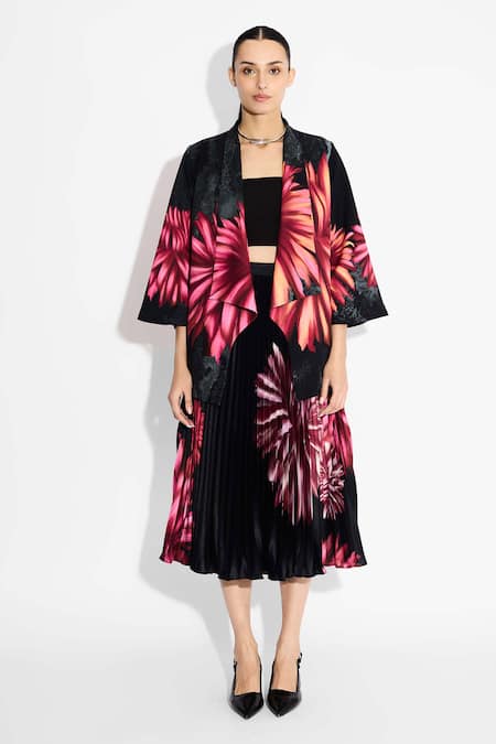 Buy SHASHA GABA Black Polyester, Satin Floral Sunrise Pleat Skirt Online at Aza Fashions Buy_SHASHA GABA_Black Polyester, Satin Floral Sunrise Pleat Skirt _Online_at_Aza_Fashions