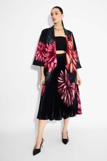 Shop SHASHA GABA Black Polyester, Satin Floral Sunrise Pleat Skirt Online at Aza Fashions Shop_SHASHA GABA_Black Polyester, Satin Floral Sunrise Pleat Skirt _Online_at_Aza_Fashions