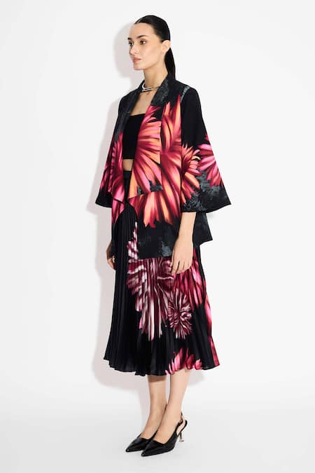 SHASHA GABA Black Polyester, Satin Floral Sunrise Pleat Skirt at Aza Fashions SHASHA GABA_Black Polyester, Satin Floral Sunrise Pleat Skirt _at_Aza_Fashions
