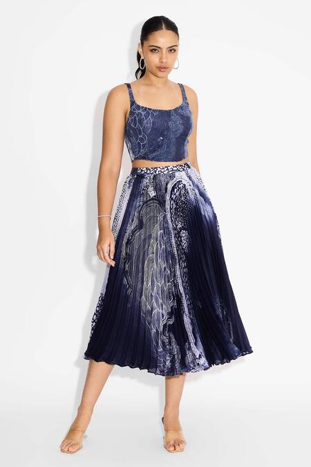 SHASHA GABA Blue Polyester, Satin Swirl Pleated Skirt Online at Aza Fashions SHASHA GABA_Blue Polyester, Satin Swirl Pleated Skirt _Online_at_Aza_Fashions