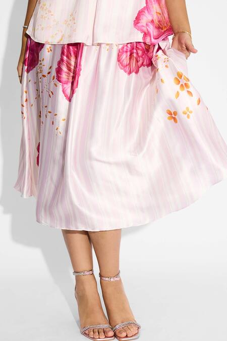 SHASHA GABA_Ivory Polyester, Satin Floral Gathered Midi Skirt _Online_at_Aza_Fashions