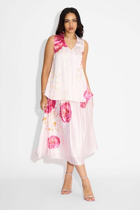 SHASHA GABA Ivory Floral Gathered Midi Skirt 