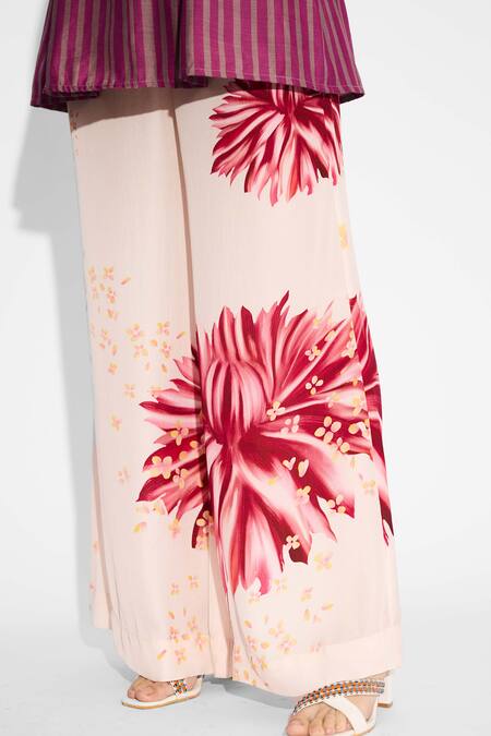 SHASHA GABA Pink Floral Wide Leg Pant Online at Aza Fashions SHASHA GABA_Pink Floral Wide Leg Pant _Online_at_Aza_Fashions