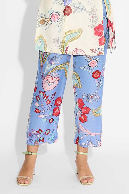 SHASHA GABA_Blue Floral Printed Cue Pants _Online_at_Aza_Fashions