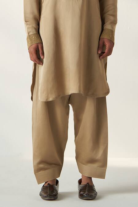 Studio Bagechaa Gold Linen, Satin Embroidery Pathani Kurta Set Online at Aza Fashions Studio Bagechaa_Gold Linen, Satin Embroidery Pathani Kurta Set_Online_at_Aza_Fashions