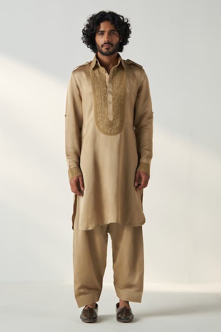 Studio Bagechaa Embroidered Gold Pathani Kurta Set 