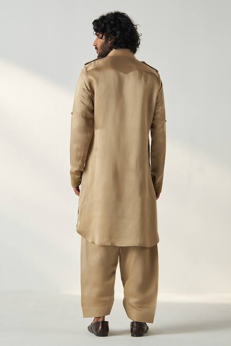 Shop Studio Bagechaa Gold Linen, Satin Embroidery Pathani Kurta Set at Aza Fashions Shop_Studio Bagechaa_Gold Linen, Satin Embroidery Pathani Kurta Set_at_Aza_Fashions