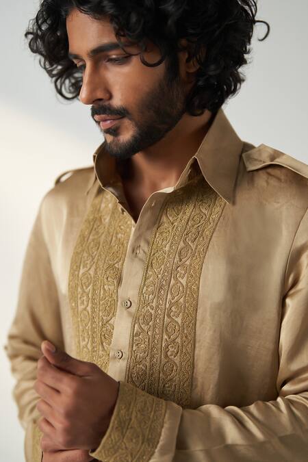 Studio Bagechaa Gold Linen, Satin Embroidery Pathani Kurta Set at Aza Fashions Studio Bagechaa_Gold Linen, Satin Embroidery Pathani Kurta Set_at_Aza_Fashions