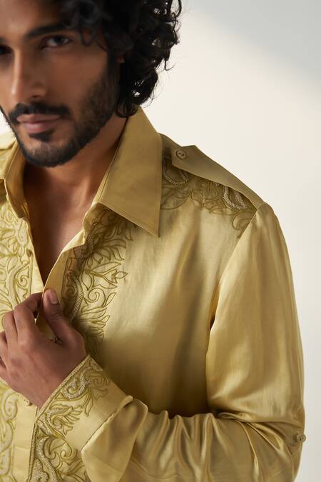 Buy_Studio Bagechaa_Yellow Linen, Satin Embroidery Deep Pathani Set _Online_at_Aza_Fashions