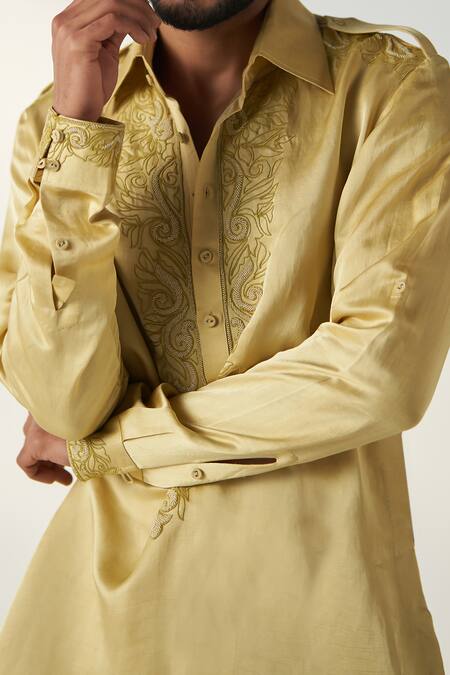 Shop_Studio Bagechaa_Yellow Linen, Satin Embroidery Deep Pathani Set _Online_at_Aza_Fashions