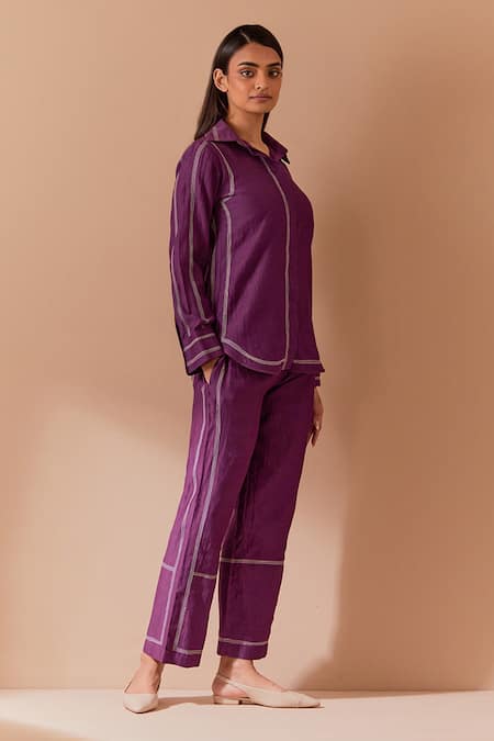 Priya Chaudhary_Purple Chanderi Piping Collared Soft Shirt And Pant Set _Online_at_Aza_Fashions