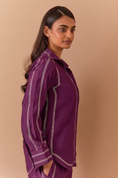 Buy_Priya Chaudhary_Purple Chanderi Piping Collared Soft Shirt And Pant Set _Online_at_Aza_Fashions