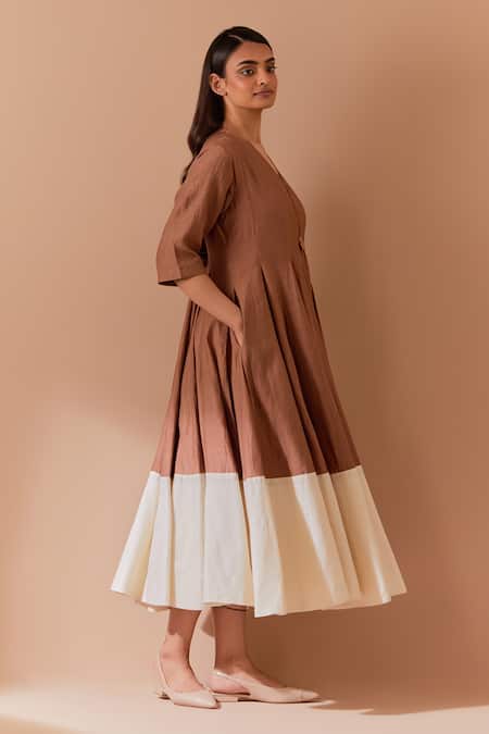 Buy_Priya Chaudhary_Brown Chanderi V-neck Midi Dress _Online_at_Aza_Fashions