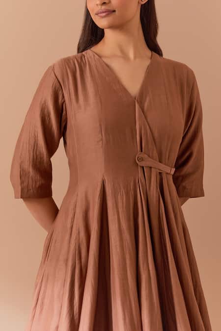 Shop_Priya Chaudhary_Brown Chanderi V-neck Midi Dress _Online_at_Aza_Fashions