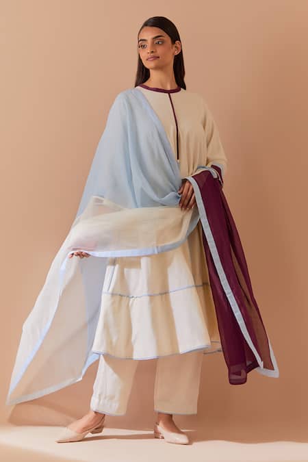 Priya Chaudhary White-Blue Chanderi Kurta Set 