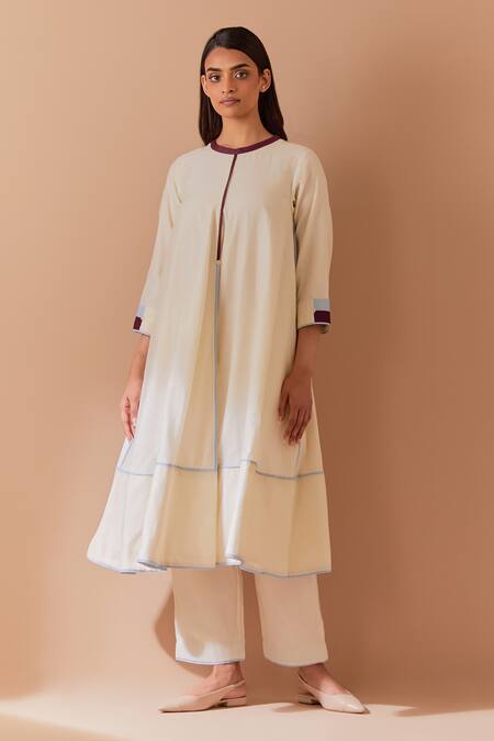 Shop_Priya Chaudhary_White Chanderi Round Neck White-blue Kurta Set _Online_at_Aza_Fashions