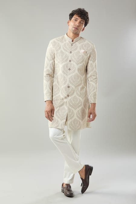 Arihant Rai Sinha Beige Woven Jacquard Sherwani & White Pollo Pant 