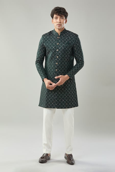 Arihant Rai Sinha Green Woven Jacquard Sherwani & White Pant 