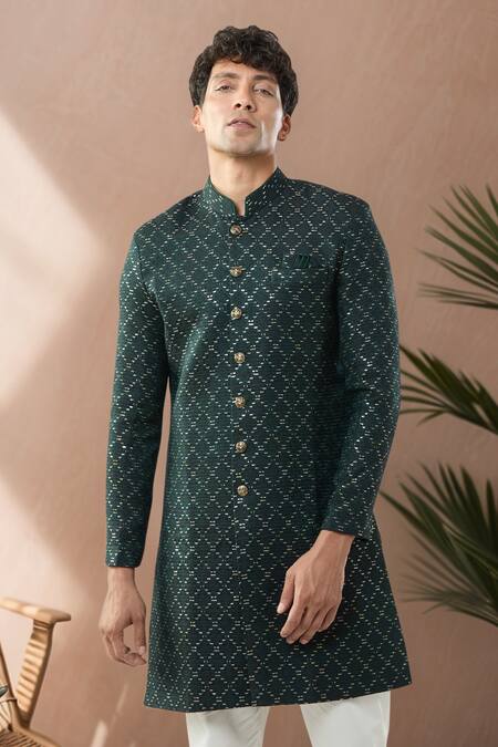 Shop_Arihant Rai Sinha_Green Woven Jacquard Sherwani And White Pant _Online_at_Aza_Fashions