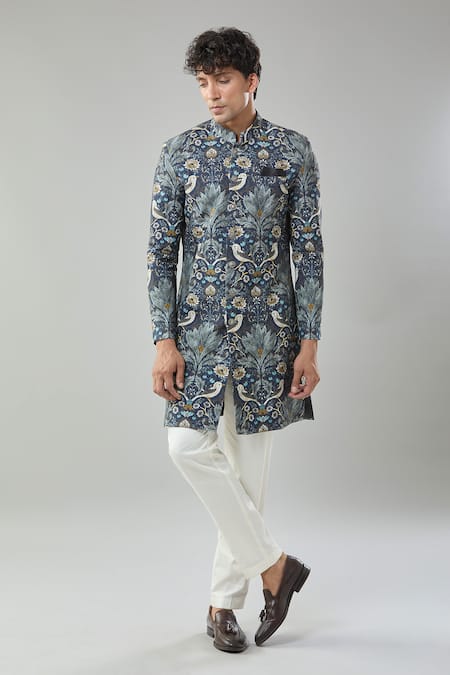 Arihant Rai Sinha Floral Print Blue Sherwani & White Pollo Pant 